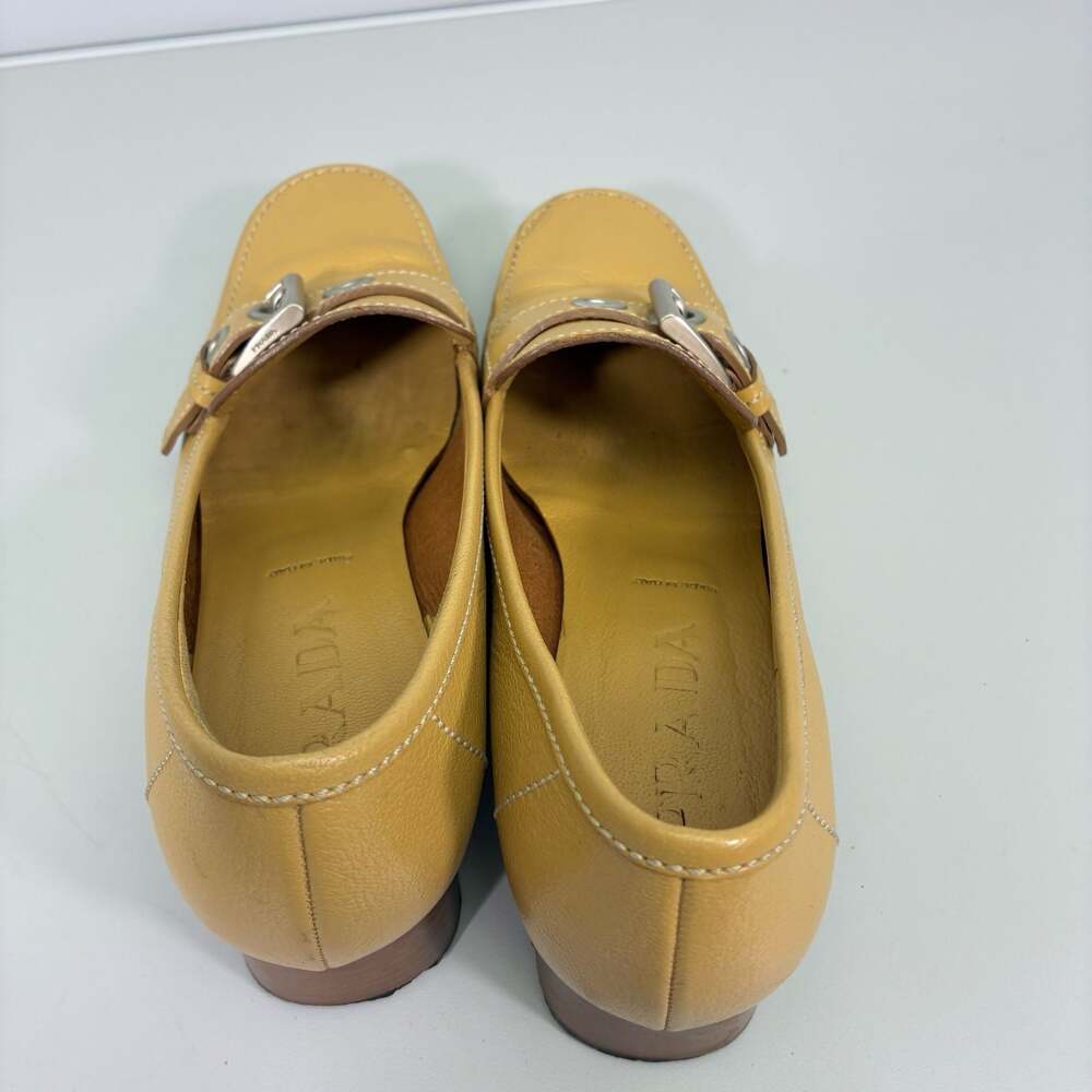 Prada Yellow Leather Buckle Block Heel Loafers Size 38 - Picture 4 of 11